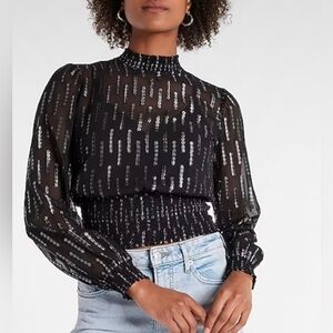 EXPRESS Women’s Black/Silver Metallic Sheer High Neck Smocked Waist Blouse - Lg